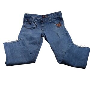 Antic Straight Leg Jeans Mens 35 Blue Y2K Utility Raw Hem Leopard Pocket